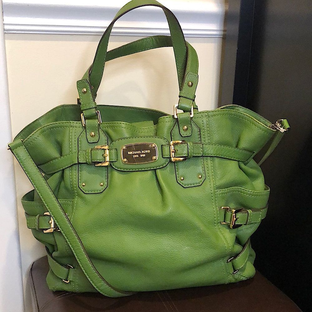 MICHAEL KORS Gansevoort Green Leather Crossbody Handbag Tote W Gold Accents